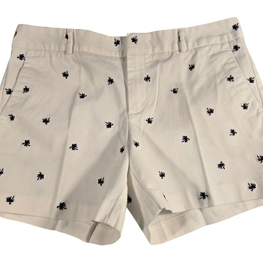 Banana Republic City Chino Shorts White‎ Navy Palm Tree Embroidered Womens 10